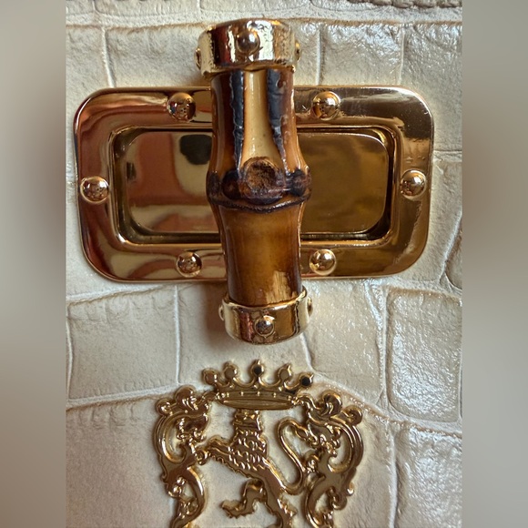 Elegant Pratesi Firenze Sarteano Bamboo Handle Cream Croc Embossed Leather - Picture 7 of 16